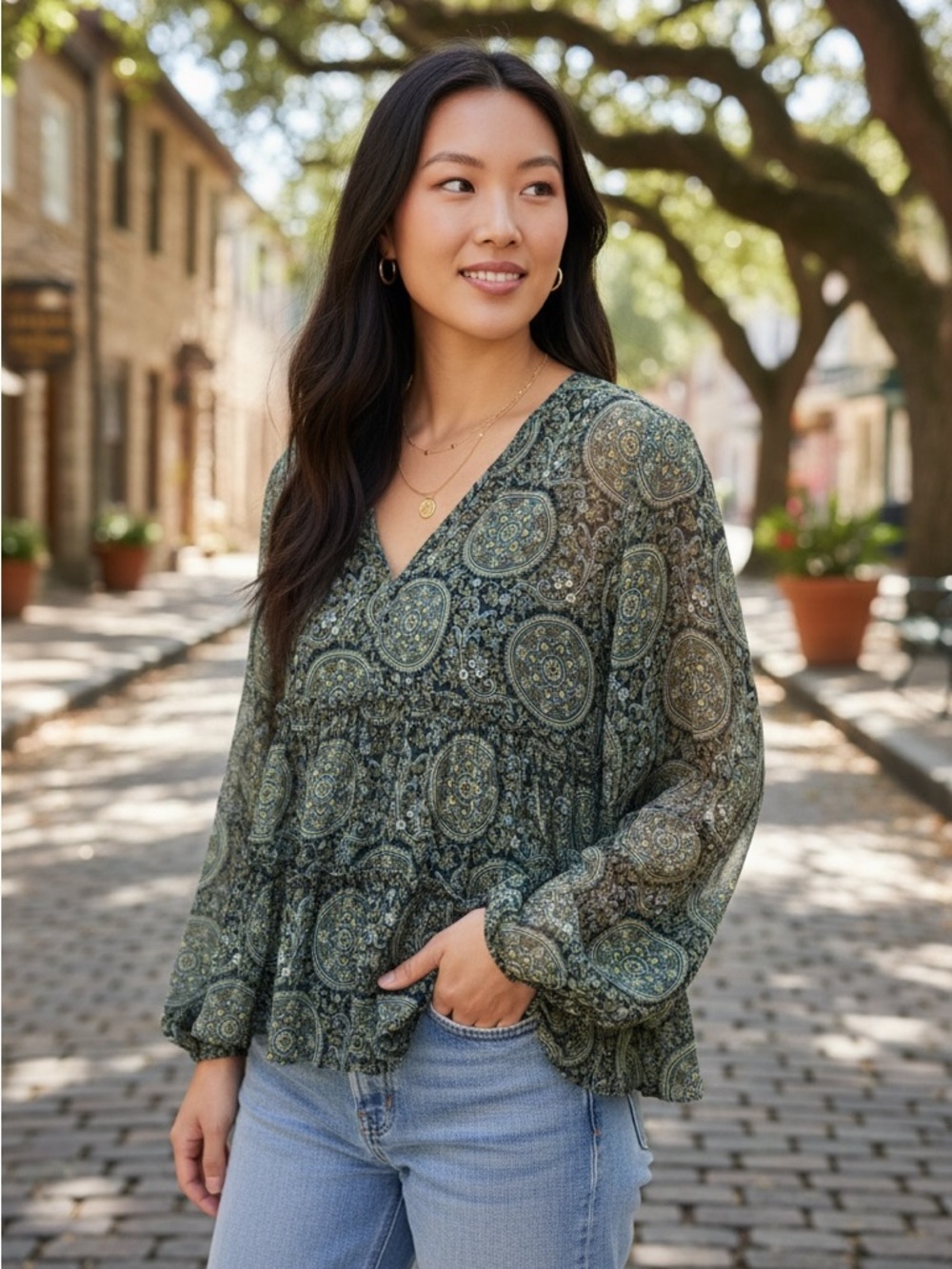 LOFT Olive Green Paisley Tiered Peplum Blouse